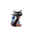 Artistic black cat enamel pin with colorful floral patterns and a purple ear detail - Black Cat Style (DW0717-3)