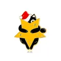 Christmas enamel brooch featuring a cute black cat wearing a red hat hugging a yellow star - Black Cat Holding Star (CZ0416-2)