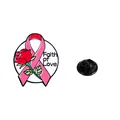 Pink ribbon and red rose enamel brooch with Faith of Love text and black rubber clasp - Rose Ribbon Style (CZ0496-1)