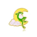 Cartoon green frog lounging on a yellow crescent moon with clouds enamel pin - Frog on Moon and Cloud (CZ0470-1)