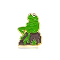 Funny green frog enamel pin sitting on a rock with gold metal trim and backpack clasp - Frog Sitting on Rock (CZ0470-2)