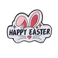 Detailed close-up of a Happy Easter enamel pin with pink rabbit ears and red stars - HAPPY EASTER Red Star Rabbit Ears Style (QHXZ4269)