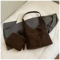 Dunkelbraune Wildleder-Einkaufstasche mit Kontrastnaht und passendem Etui Set - Braun