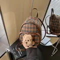 Mini tweed plaid backpack in brown and blue with cute plush dog charm accessory - Green