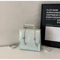 Chic mint green PU leather mini backpack with golden hardware and top handle for women - No Pendant / Blue