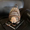Mini plaid backpack for women with brown leather trim and a cute dog plush pendant - Gray