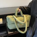 Olive green puffer tote bag with quilted design and versatile long shoulder strap - Green