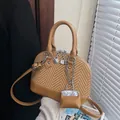 Vintage brown patchwork shell bag with woven texture and a stylish mini pendant - Without Pendant / Khaki