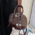 Brown plaid and faux leather shell bag with gold chain charms and lock pendant detail - Without Pendant / Brown