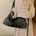 Minimalist black PU leather hobo tote bag with a trendy leopard print heart charm - No Pendant / Black