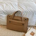 Minimalist brown leather business tote bag with dual handles and elegant front pockets - Khaki