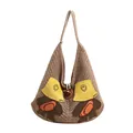 Brown knitted tote bag featuring cute cartoon bears with yellow hats and toggle closure - Khaki