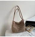 Detail of plush brown tote bag with fuzzy texture and sleek leather shoulder straps - Khaki Without Pendant