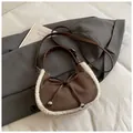 Brown suede crescent bag with faux fur trim and bow detail for winter fashion - Coffee Without Pendant