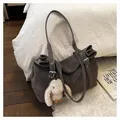 Vintage matte shoulder tote bag in dark brown with decorative metal buckle and plush charm - Coffee With Pendant