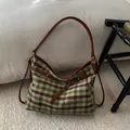 Bolso tote vintage de lona a cuadros verde y marrón con gran capacidad y cuero - Cuadros Marrón Verde