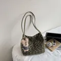 Vintage dark green plush tote bag with light green handles and a cute bear charm - Green with Pendant