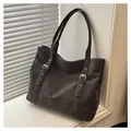 Retro matte tote bag in dark brown with metal buckle straps and large capacity - Coffee without Pendant