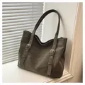 Retro matte olive green large tote bag with decorative buckle straps for daily use - Green Without Pendant
