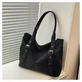 Classic large black matte PU leather tote bag with stylish buckle strap details - Black without Pendant