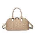 Minimalist beige woven Boston bag with smooth top handles and silver zipper closure - Light Khaki