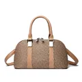 Brown woven boston bag with leather handles and silver zipper in casual style - Dark Khaki