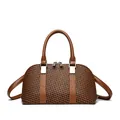 Brown woven texture pillow handbag with smooth leather handles and silver dual zippers - Yellow Brown