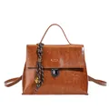 Vintage caramel brown faux leather satchel backpack for women with unique pendant - Brown With Pendant
