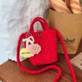 Red plush bucket bag with cute cloud charms and adjustable long shoulder strap - No Pendant / Red