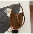 Retro dark brown suede bucket bag with leather handles and an adjustable shoulder strap - Brown No Pendant