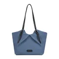 Bolso tote minimalista de mezclilla azul con asas de cuero negro y hebilla plata - Azul