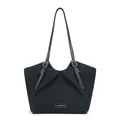 Bolso tote vintage negro con pliegues en V y costuras blancas en las correas de cuero - Negro