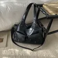 Vintage zwarte leren shopper met grote capaciteit en multi-pocket klinknagels - Zwart zonder Hanger
