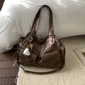 Retro dark brown tote bag with asymmetrical pockets and leopard print heart charm - Brown with Pendant