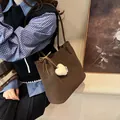 Retro dark brown faux suede tote bag with heart plush charm and bow detail - With Pendant / Brown