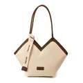 Minimalist large capacity tote bag with brown handles and stylish two-tone woven texture - Cream-Brown