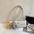 Beige faux leather shoulder bag with quilted pattern and plush bunny charm detail - No Pendant / White