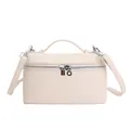 Minimalist beige pebble leather lunchbox style crossbody bag with silver hardware - White
