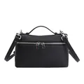 Minimalist black pebble leather lunch box bag with silver hardware and top handle - Black