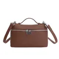 Brown litchi pattern leather lunch box style handbag with dual silver zippers and strap - Brown