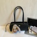 Black quilted leather shoulder bag with silver lock and grey rabbit plush pendant - No Pendant / Black