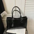 Large black oil wax leather square tote bag with shoulder straps for daily commuting - Black