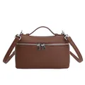 Brown litchi grain leather lunch box bag with silver zippers and top handle - Brown