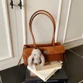 Caramel brown vintage tote bag with diamond lattice stitching and plush rabbit charm - No Pendant / Brown