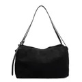 Minimalist black matte suede tote bag with slim leather shoulder strap and metal buckle - Black