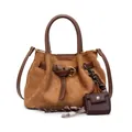 Retro tan suède emmer tas voor dames met donkerbruine leren handvaten en gespen - Bruin met Hanger