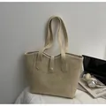 Retro beige large capacity tote bag in textured PU leather for daily commute - Off White