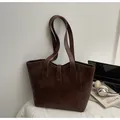 Retro dark brown textured tote bag with double straps for daily office commute fashion - Brown
