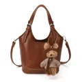 Minimalist vintage dark brown bucket bag with top handles and cute plush bear charm - With Pendant / Yellow Brown