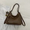 Dark brown PU leather tote bag with fringe zippers and plush bear charm decoration - Brown No Pendant